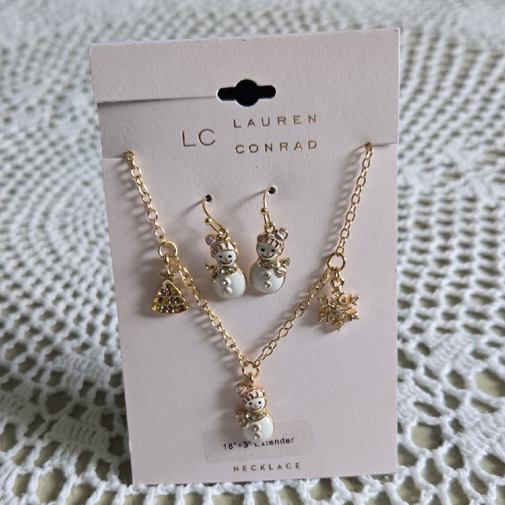 LC LAUREN CONRAD GOLD SNOWMAN  NECKLACE & EARRING SET